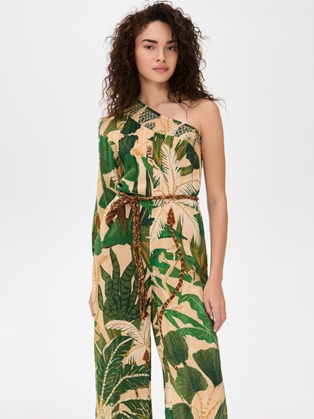 Farm Rio Tropical Isla Beige Green Jumpsuit (No Belt Included)
